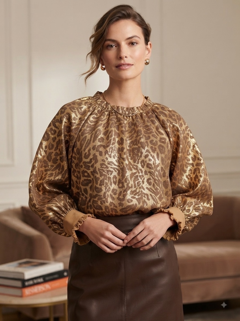VOY Gold Metallic Leopard-Print Puff Sleeve Blouse